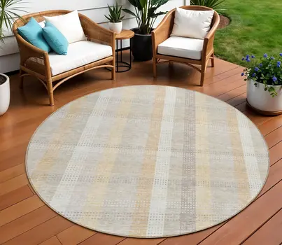 8' Ivory Beige And Tan Round Plaid Washable Indoor Outdoor Area Rug
