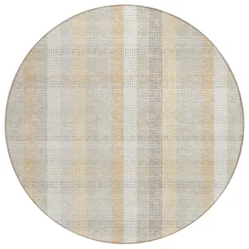 8' Ivory Beige And Tan Round Plaid Washable Indoor Outdoor Area Rug