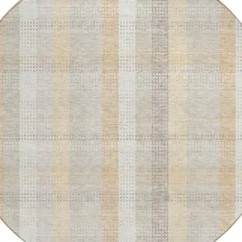 8' Ivory Beige And Tan Round Plaid Washable Indoor Outdoor Area Rug