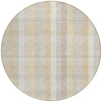 8' Ivory Beige And Tan Round Plaid Washable Indoor Outdoor Area Rug