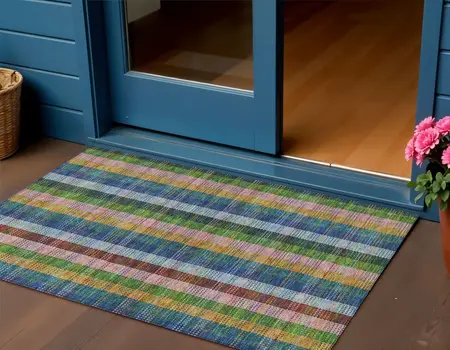 3' X 5' Navy Blue Pink And Sage Plaid Washable Indoor Outdoor Area Rug