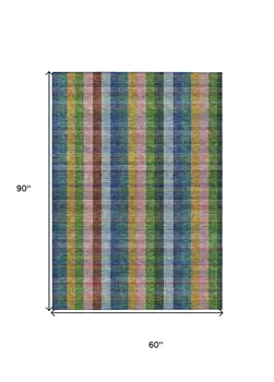 5' X 8' Navy Blue Pink And Sage Plaid Washable Indoor Outdoor Area Rug