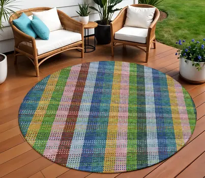 8' Navy Blue Pink And Sage Round Plaid Washable Indoor Outdoor Area Rug