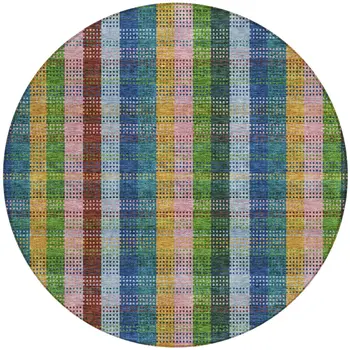 8' Navy Blue Pink And Sage Round Plaid Washable Indoor Outdoor Area Rug