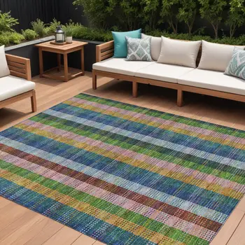 8' X 10' Navy Blue Pink And Sage Plaid Washable Indoor Outdoor Area Rug