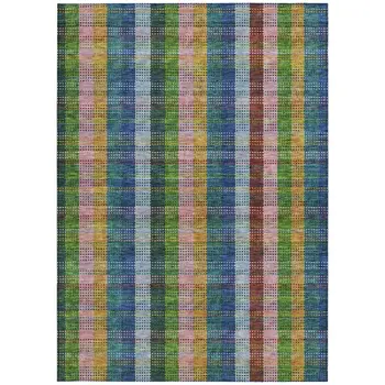 10' X 14' Navy Blue Pink And Sage Plaid Washable Indoor Outdoor Area Rug