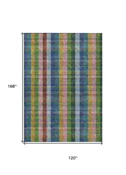 10' X 14' Navy Blue Pink And Sage Plaid Washable Indoor Outdoor Area Rug