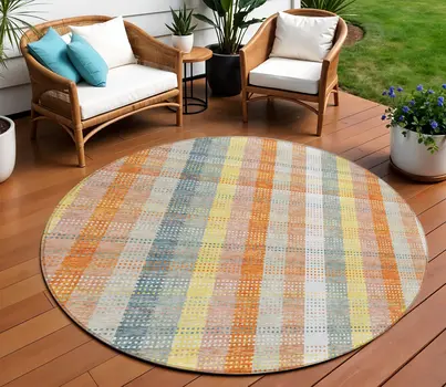 8' Peach Ivory And Orange Round Plaid Washable Indoor Outdoor Area Rug
