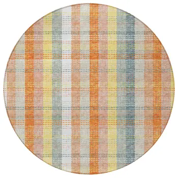 8' Peach Ivory And Orange Round Plaid Washable Indoor Outdoor Area Rug