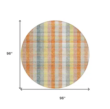 8' Peach Ivory And Orange Round Plaid Washable Indoor Outdoor Area Rug