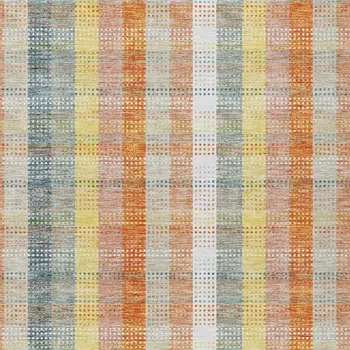 9' X 12' Peach Ivory And Orange Plaid Washable Indoor Outdoor Area Rug