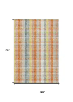 10' X 14' Peach Ivory And Orange Plaid Washable Indoor Outdoor Area Rug
