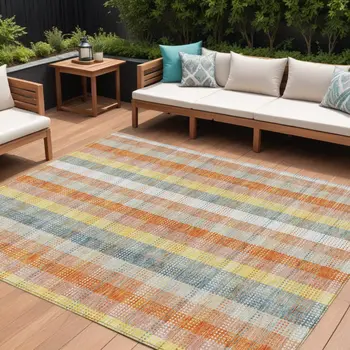 10' X 14' Peach Ivory And Orange Plaid Washable Indoor Outdoor Area Rug