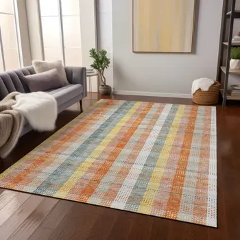 10' X 14' Peach Ivory And Orange Plaid Washable Indoor Outdoor Area Rug