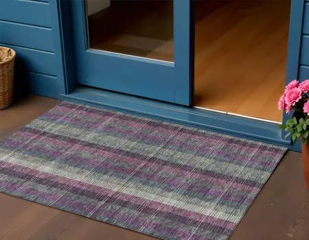 3' X 5' Plum Eggplant And Gray Plaid Washable Indoor Outdoor Area Rug