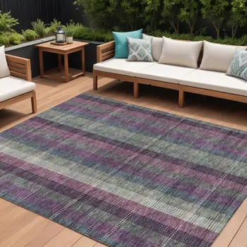 8' X 10' Plum Eggplant And Gray Plaid Washable Indoor Outdoor Area Rug