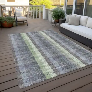 5' X 8' Pewter Gray And Mint Green Plaid Washable Indoor Outdoor Area Rug