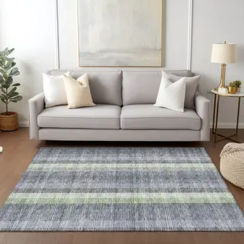 5' X 8' Pewter Gray And Mint Green Plaid Washable Indoor Outdoor Area Rug