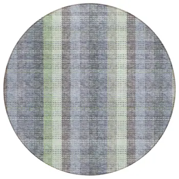 8' Pewter Gray And Mint Green Round Plaid Washable Indoor Outdoor Area Rug