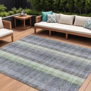 9' X 12' Pewter Gray And Mint Green Plaid Washable Indoor Outdoor Area Rug