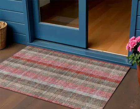 3' X 5' Red Pink And Pewter Plaid Washable Indoor Outdoor Area Rug