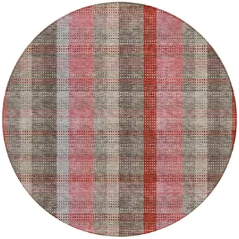 8' Red Pink And Pewter Round Plaid Washable Indoor Outdoor Area Rug