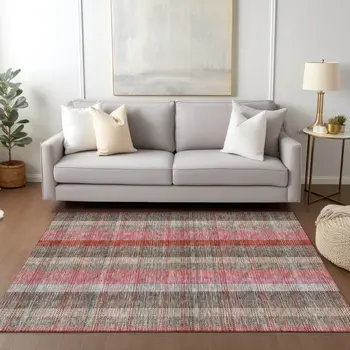 8' X 10' Red Pink And Pewter Plaid Washable Indoor Outdoor Area Rug