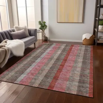 8' X 10' Red Pink And Pewter Plaid Washable Indoor Outdoor Area Rug