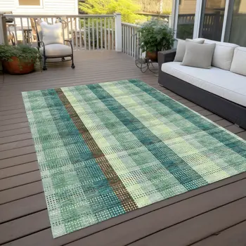 5' X 8' Sage Mint Green And Teal Blue Plaid Washable Indoor Outdoor Area Rug