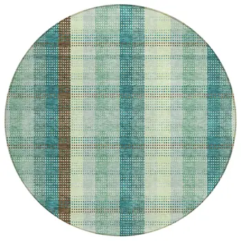 8' Sage Mint Green And Teal Blue Round Plaid Washable Indoor Outdoor Area Rug