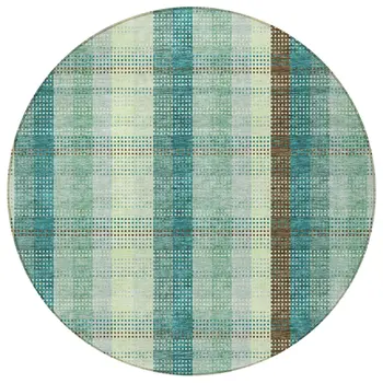 8' Sage Mint Green And Teal Blue Round Plaid Washable Indoor Outdoor Area Rug
