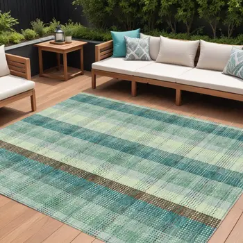 10' X 14' Sage Mint Green And Teal Blue Plaid Washable Indoor Outdoor Area Rug