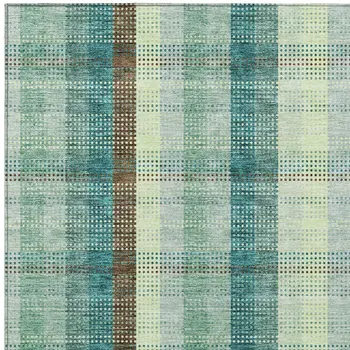10' X 14' Sage Mint Green And Teal Blue Plaid Washable Indoor Outdoor Area Rug