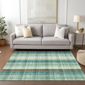 10' X 14' Sage Mint Green And Teal Blue Plaid Washable Indoor Outdoor Area Rug