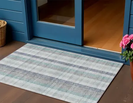 3' X 5' Silver Denim Blue And Teal Blue Plaid Washable Indoor Outdoor Area Rug