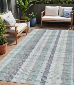 5' X 8' Silver Denim Blue And Teal Blue Plaid Washable Indoor Outdoor Area Rug
