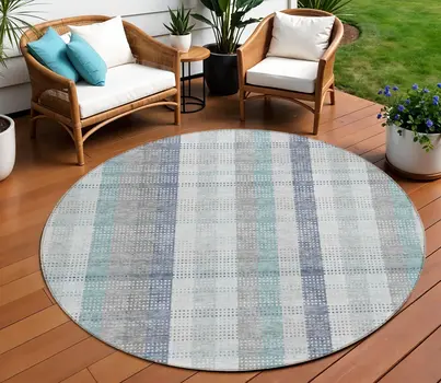 8' Silver Denim Blue And Teal Blue Round Plaid Washable Indoor Outdoor Area Rug