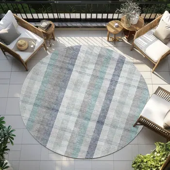 8' Silver Denim Blue And Teal Blue Round Plaid Washable Indoor Outdoor Area Rug