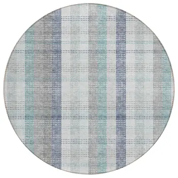 8' Silver Denim Blue And Teal Blue Round Plaid Washable Indoor Outdoor Area Rug