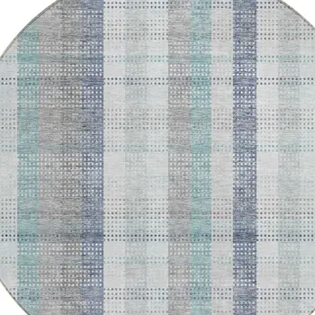 8' Silver Denim Blue And Teal Blue Round Plaid Washable Indoor Outdoor Area Rug