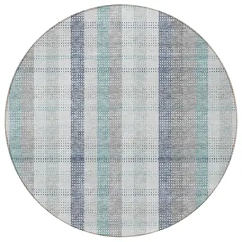 8' Silver Denim Blue And Teal Blue Round Plaid Washable Indoor Outdoor Area Rug