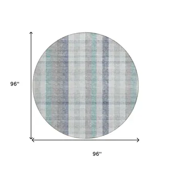 8' Silver Denim Blue And Teal Blue Round Plaid Washable Indoor Outdoor Area Rug