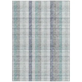 8' X 10' Silver Denim Blue And Teal Blue Plaid Washable Indoor Outdoor Area Rug