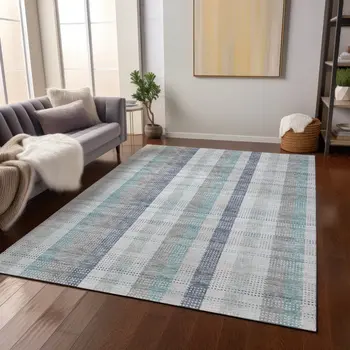 8' X 10' Silver Denim Blue And Teal Blue Plaid Washable Indoor Outdoor Area Rug
