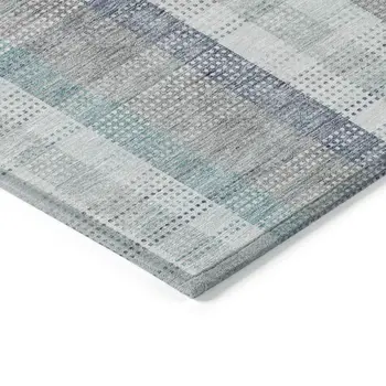 9' X 12' Silver Denim Blue And Teal Blue Plaid Washable Indoor Outdoor Area Rug
