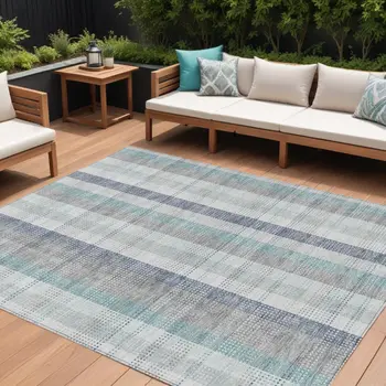 10' X 14' Silver Denim Blue And Teal Blue Plaid Washable Indoor Outdoor Area Rug