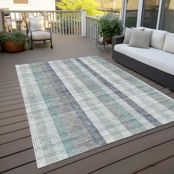 10' X 14' Silver Denim Blue And Teal Blue Plaid Washable Indoor Outdoor Area Rug