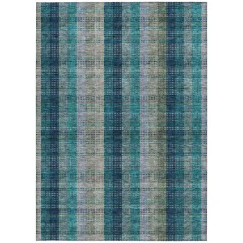 5' X 8' Teal Blue Navy Blue And Olive Green Plaid Washable Indoor Outdoor Area Rug