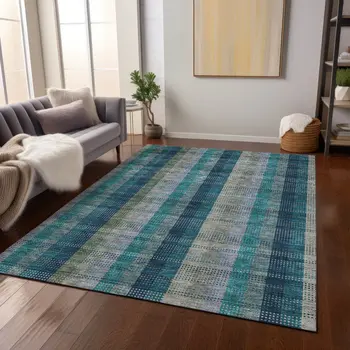 5' X 8' Teal Blue Navy Blue And Olive Green Plaid Washable Indoor Outdoor Area Rug