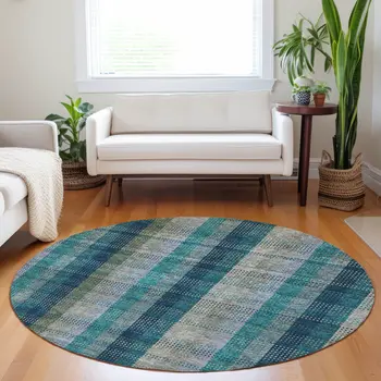 8' Teal Blue Navy Blue And Olive Green Round Plaid Washable Indoor Outdoor Area Rug